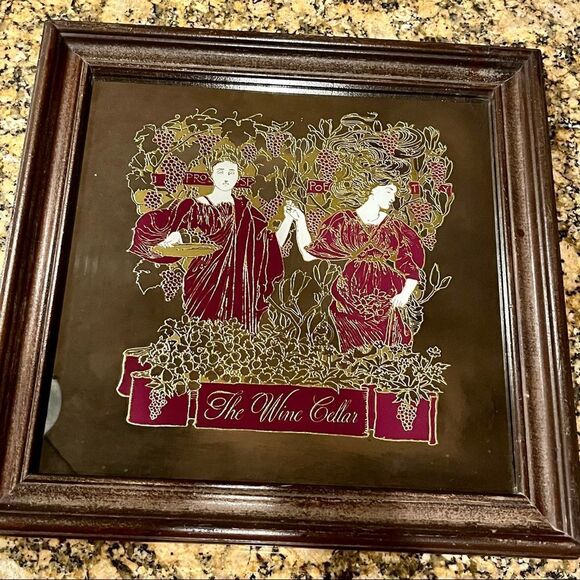 Vintage Lucid Lines “The Wine Cellar” Grecian Mirror Graphic 1970s Gold Burgundy - Picture 1 of 13